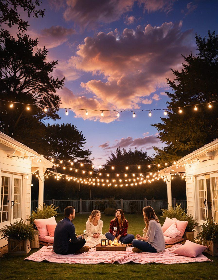 A warm and inviting outdoor scene showcasing a diverse group of couples enjoying a community event, surrounded by twinkling fairy lights and heart-shaped decorations. Include cozy seating areas with blankets, a banner that says 'Creating Lasting Connections', and a backdrop of a beautiful sunset to evoke romance and togetherness. super-realistic. vibrant colors. soft focus.