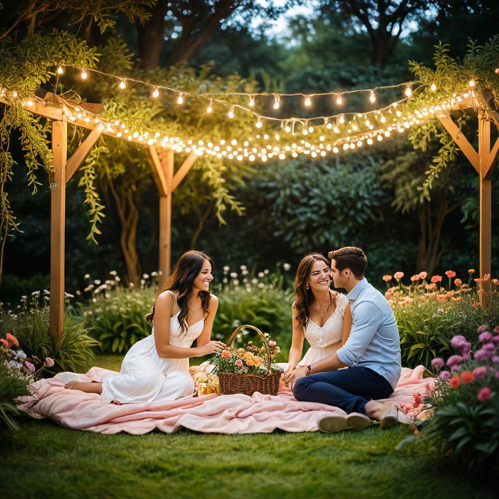 A warm and inviting scene depicting a diverse group of couples connecting joyfully in a lush garden, surrounded by colorful flowers and soft sunlight. Each couple is engaged in different forms of intimacy, such as laughter, deep conversations, and gentle embraces, symbolizing the strength of bonds in relationships. The background features a picturesque setting with a cozy picnic setup and twinkling fairy lights. soft focus. vibrant colors. romantic atmosphere.