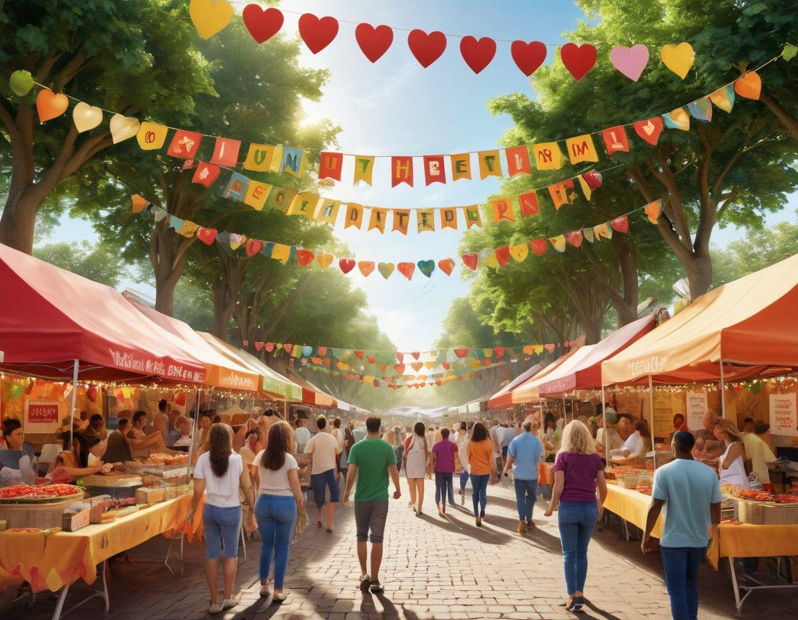 A lively scene depicting a diverse group of people joyfully participating in various community events, such as a colorful block party, workshops, and outdoor activities. Include banners that read 'Join the Heartbeat' and symbolize connection, like interlinked hearts or hands. Show vibrant decorations, food stalls, and a backdrop of trees and sunshine to evoke a warm, inviting atmosphere. super-realistic. vibrant colors. 3D.
